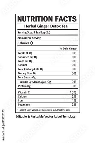 Nutrition facts label herbal ginger detox tea cutout isolated illustration on transparent background layout