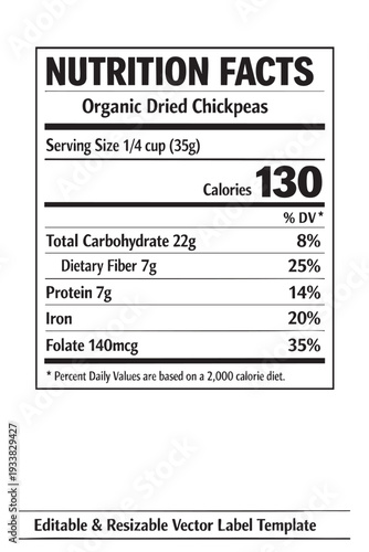 Nutrition facts label organic dried chickpeas cutout isolated illustration on transparent background layout