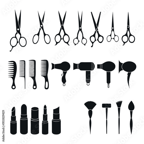 Hairdressing, Makeup, and Beauty Tools Silhouette Collection on white background