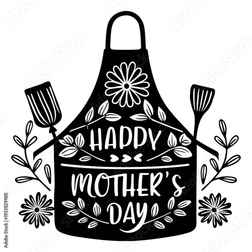 Happy Mother's Day Apron with Floral and Kitchen Utensil Design on white background