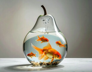 A surreal composition a pear-shaped glass container holding water, goldfish, and small pebbles, with a neutral backdrop
