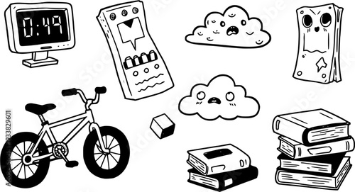 Black and white hand-drawn doodle vector illustration set. Includes digital clock, bicycle, stack of books, emotional clouds, planners, and a cube, isolated on white.