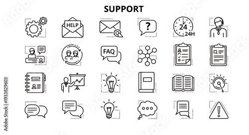 A cohesive set of line art icons depicting communication, support and documentation for user interfaces.