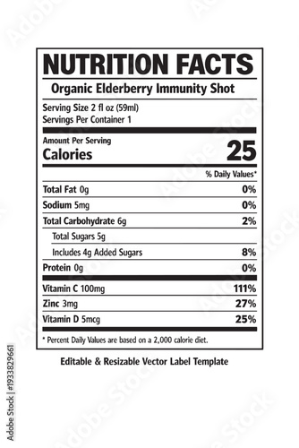 Nutrition facts label organic elderberry immunity shot cutout isolated illustration on transparent background layout