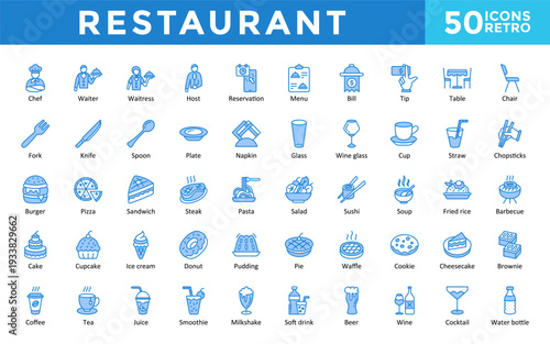 Restaurant icons set with chef, waiter, waitress, host, reservation, menu, bill, tip, glass, cup, ice cream, donut, pudding icon. Simple retro vector 
