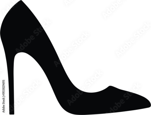 "Black silhouette illustration of elegant stiletto high heel shoe with pointed toe, sleek fashion footwear design symbolizing sophistication, femininity, branding, and modern style concepts"