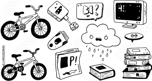 Hand-drawn doodle set of quirky objects and characters: bikes, books, computer, cloud, glue, speech bubbles. Black and white vector art.