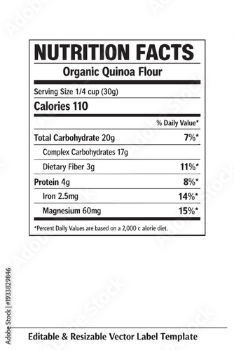Nutrition facts label organic quinoa flour cutout isolated illustration on transparent background layout