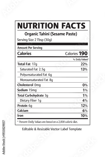 Nutrition facts label organic tahini cutout isolated illustration on transparent background layout