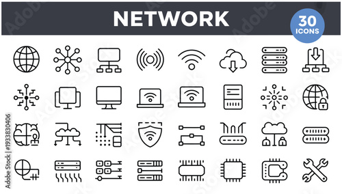 Network icons representing data flow, servers, and global connections