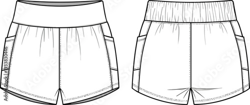 Shorts fashion illustration, front and back view, fitted waistband, elastic waistband, side pockets, curved hemline, apparel sketch, garment construction drawing