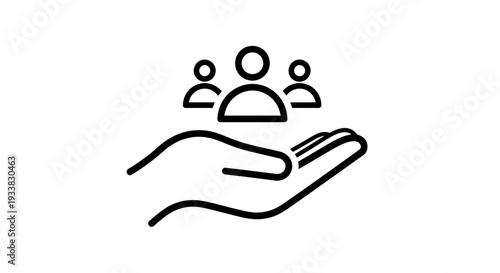 Supportive hand holds a small group of people symbolizing care and community.