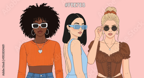 Trendy Diverse Women in Stylish Sunglasses Posing on Pink Background - Modern Fashion Illustration