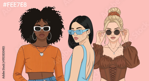 Diverse Group of Young Stylish Women in Sunglasses - Trendy Fashion Vector Illustration on Pink Background