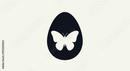 Simple black and white illustration of a butterfly inside an egg shape