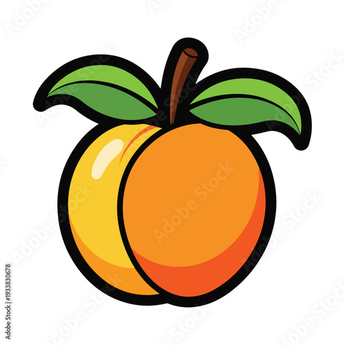 A ripe peach with a stem and leaves, an illustration from a top viewpoint showcasing fruit, freshness, and vibrant colors.