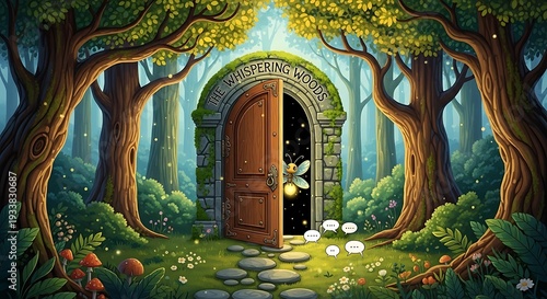 A door in the middle of a forest with trees and mushrooms