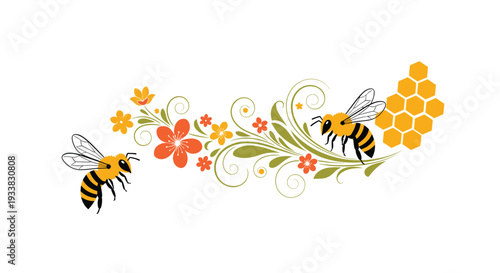 Busy bees flying around colorful flowers and a dripping honeycomb on a clean white background with decorative swirls.