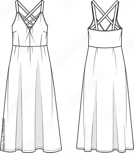 Sleeveless dress fashion illustration, front and back view, crisscross strap design, V neckline, flared skirt, apparel sketch, garment construction drawing