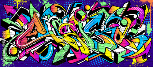 Abstract graffiti background with vibrant colors, dynamic flowing waves, bubbles and arrows shapes. Graffiti vector urban theme for prints, banners, and textiles