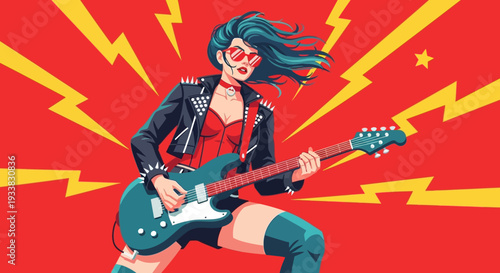 Dynamic Pop Art Rocker Woman Playing Electric Guitar with Vibrant Lightning Background