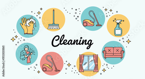 Comprehensive cleaning service concept showing various icons like a vacuum, broom, spray bottle, and professional staff.