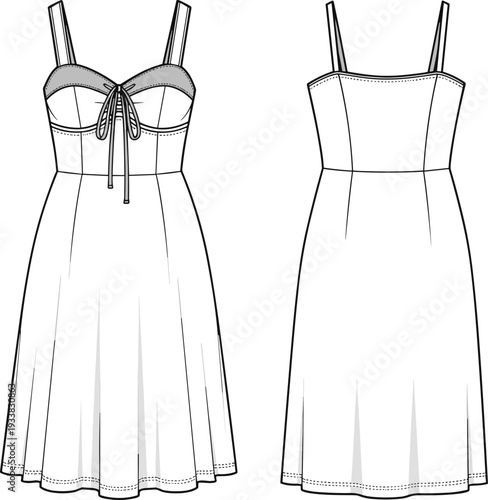 Sleeveless dress fashion illustration, front and back view, sweetheart neckline, tie front detail, flared skirt, apparel sketch, garment construction drawing