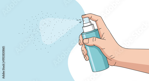 Human hand holding a blue spray bottle and spraying a fine mist against a soft blue and white background.