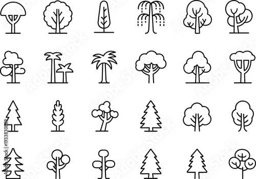 Tree line icon set vector illustration, forest nature park evergreen palm outline collection isolated on white background