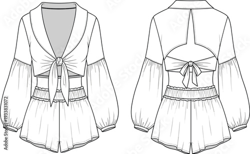 Women crop top shorts fashion illustration, front and back view, voluminous sleeves, deep V neckline, tie closure, apparel design, garment construction