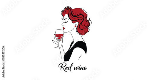 Elegant lady with red hair enjoying a glass of red wine, shown in a stylish profile drawing for a restaurant menu.