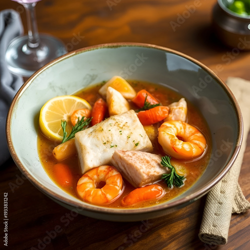 Fish stew made of cod, salmon, smoked haddock and prawns