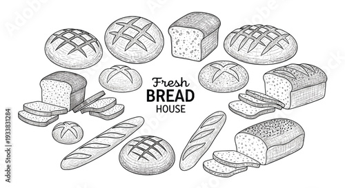Wide circular arrangement of various hand drawn bread types including whole loaves and slices with central text space.