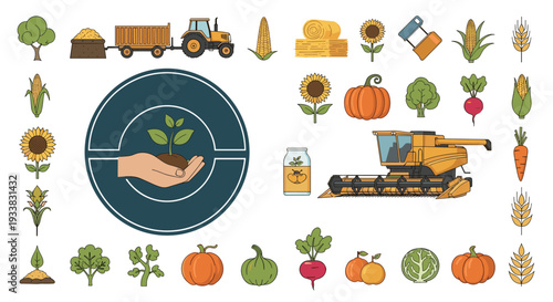 Comprehensive agriculture collection featuring farm vehicles, equipment, crops, and a hand holding a new sprout.