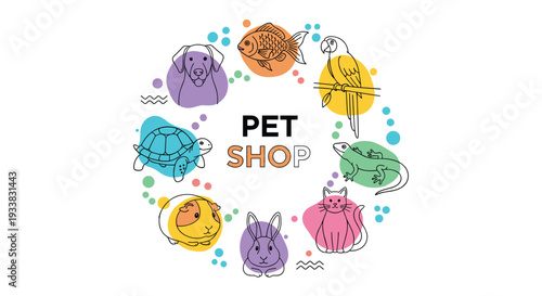 Colorful pet shop logo design showing a variety of animals like a dog, cat, rabbit, and parrot in a circular frame.