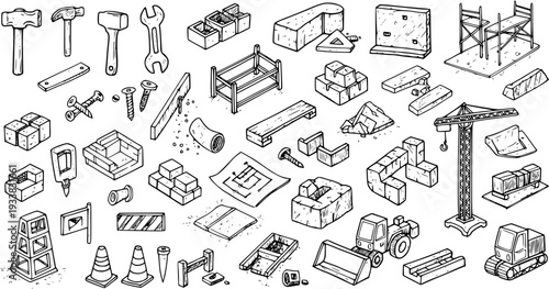 Isometric hand-drawn doodle collection of various construction tools, building materials, and heavy machinery, perfect for engineering and architectural projects.