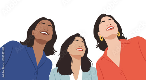 Joyful Diverse Women Group Looking Upward - Flat Design Illustration of Happiness and Freedom
