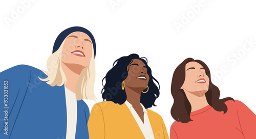 Optimistic Diverse Women Looking Up - Flat Illustration of Empowered Multicultural Group Embracing Joy & Future