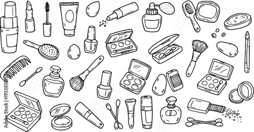 Hand-drawn Doodle Set of Various Makeup and Beauty Products, Cosmetics, and Personal Care Accessories - Black and White Line Art Vector