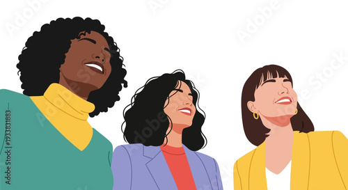 Diverse Happy Women Looking Up, Smiling with Joy & Optimism. Empowered Female Group Celebrating Success, Freedom & Wellbeing Illustration