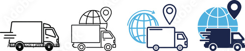 Global Delivery Truck Icon Set, Logistics Shipping and Worldwide Transportation Vector Illustration with Location Pin and Globe Symbol