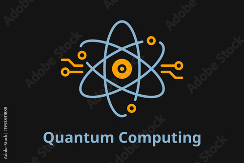 Quantum computing technology icon with atom and circuit board lines on dark background.