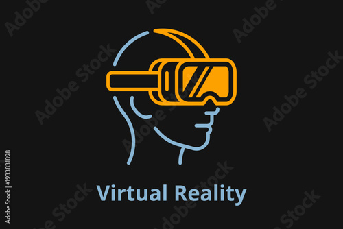 Virtual reality icon with human head wearing VR headset, minimalist line art vector illustration with editable stroke.