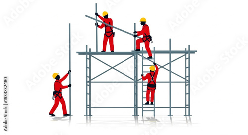 Construction Workers on Scaffolding Site.