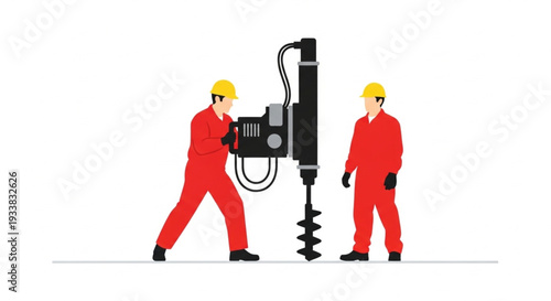 Construction workers operating a large drilling machine for industrial purposes.