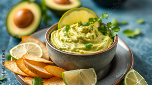 Avocado and cilantro dip with lime and fresh avocado