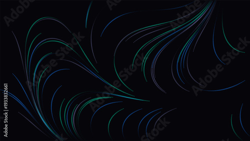 Modern Abstract Liquid Flowing Vector Illustration with Mint and Electric Blue Dots on Dark Background