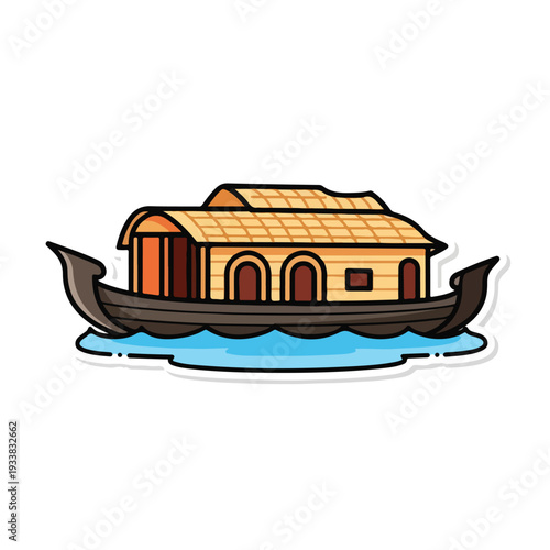 Houseboat floats calmly on serene water with gentle ripples from a distant viewpoint