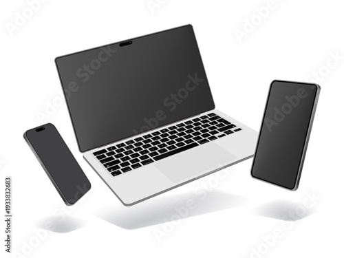 Flying Laptop Smartphone and Tablet Mockup Set with Blank White Screens Isolated on Background, Responsive Device Display Vector Illustration