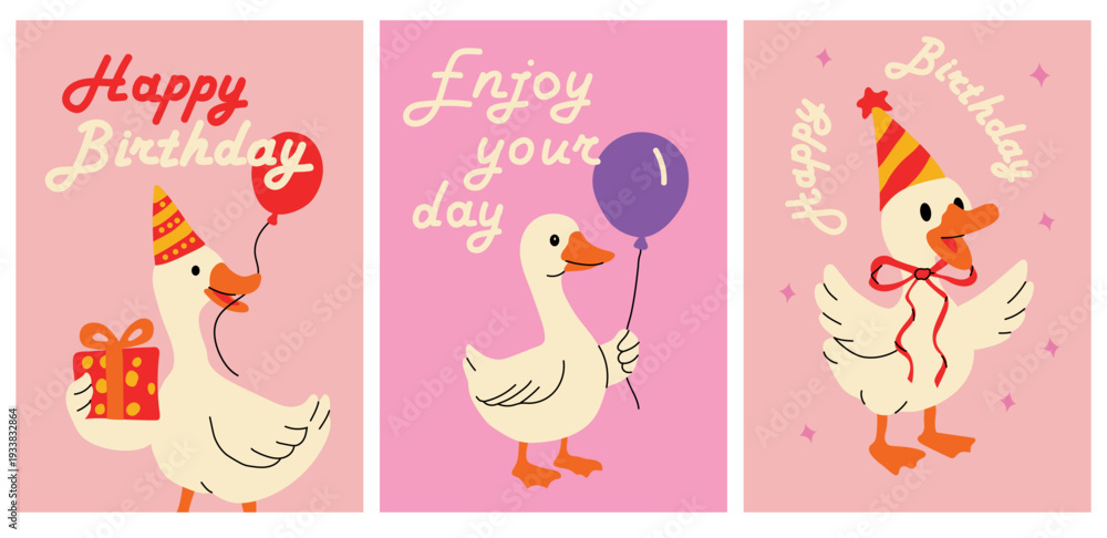 Fototapeta premium Happy Birthday Cartoon Duck Greeting Posters